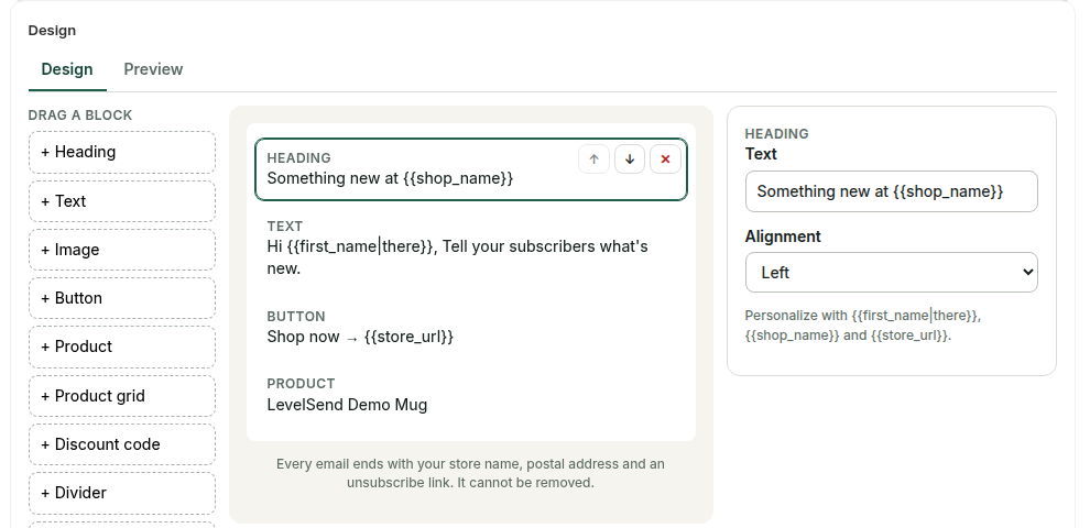 The drag-and-drop email editor with product blocks